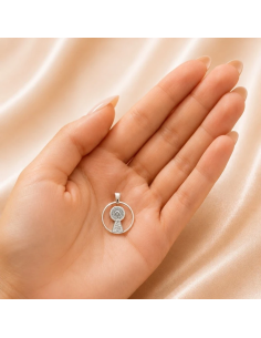 Round silver medal featuring an engraved image of Our Lady of the Pillar with a polished finish. 2