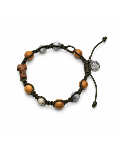 Handcrafted bracelet with olive wood Tau Cross, natural beads and Saint Benedict medal