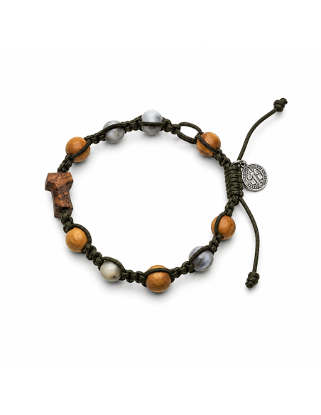 Handcrafted bracelet with olive wood Tau Cross, natural beads and Saint Benedict medal