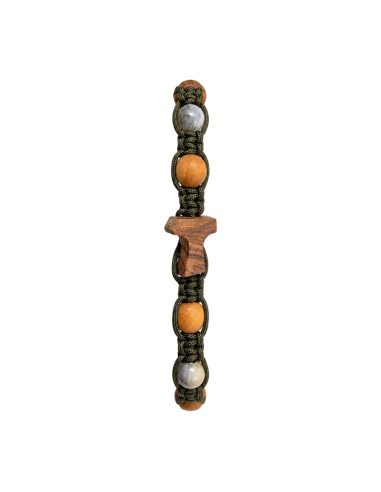 Handcrafted bracelet with olive wood Tau Cross, natural beads and Saint Benedict medal