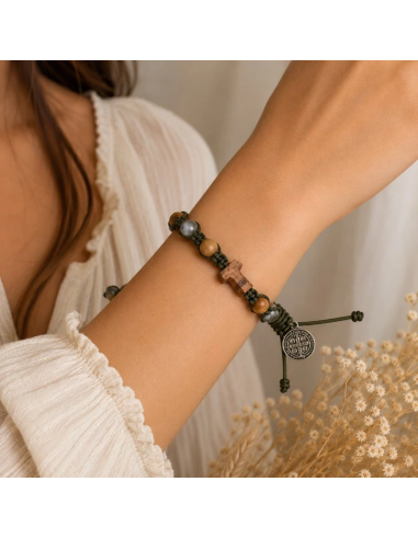 Pulsera Cruz Tau de Madera de Olivo | Medalla San Benito