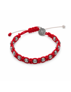 Adjustable red macramé bracelet with silver-tone roses and Saint Benedict medal