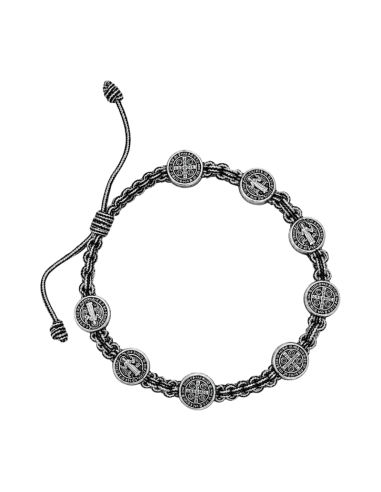Pulsera ajustable trenzada blanca y negra con medallas plateadas de San Benito