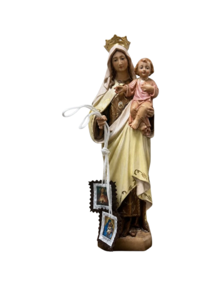 Hand-painted wooden statue of Our Lady of Mount Carmel with Child Jesus and scapular