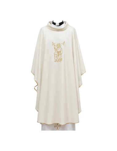 Casulla San Francisco de Asís en color blanco marfil con bordado dorado frontal y trasero