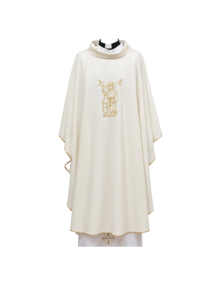 Casulla San Francisco de Asís en color blanco marfil con bordado dorado frontal y trasero