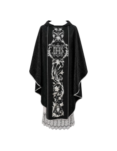 Casulla Réquiem Negra bordada con símbolo IHS para funerales y celebraciones exequiales