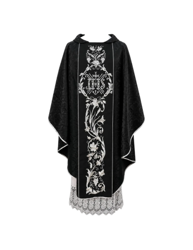 Casulla Réquiem Negra bordada con símbolo IHS para funerales y celebraciones exequiales