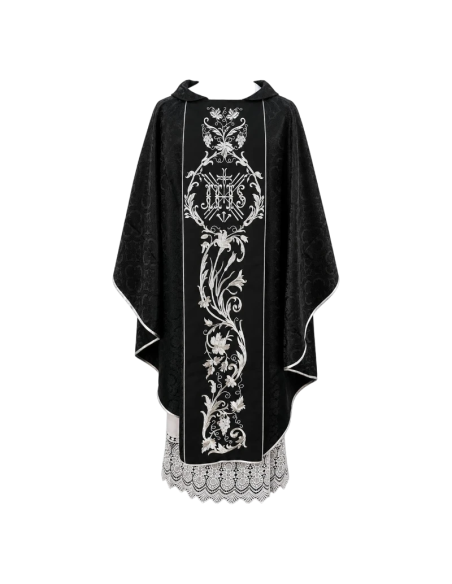 Casulla Réquiem Negra bordada con símbolo IHS para funerales y celebraciones exequiales