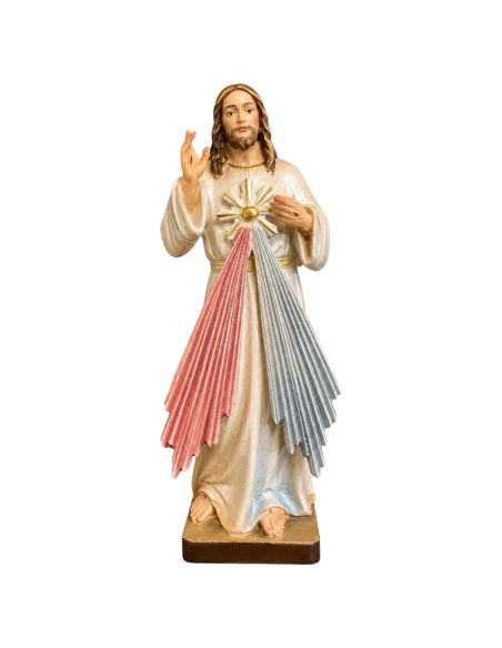 Jesús Misericordioso con rayos de luz en madera de arce coloreada