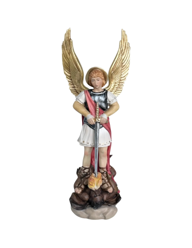 Saint Michael Archangel with sword defeating the demon carved in maple wood