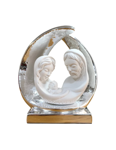 Modern Holy Family figure in Italian ceramic with elegant silver frame 18 cm