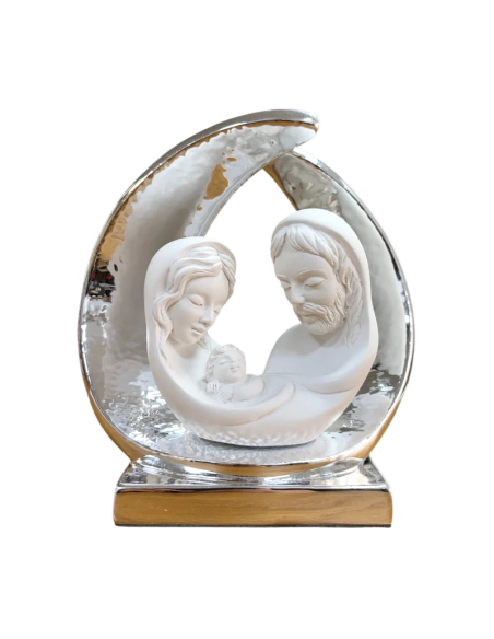 Modern Holy Family figure in Italian ceramic with elegant silver frame 18 cm
