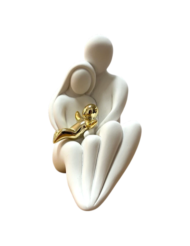 Figura Moderna Sagrada Familia en yeso blanco con Niño Jesús dorado de 12 cm
