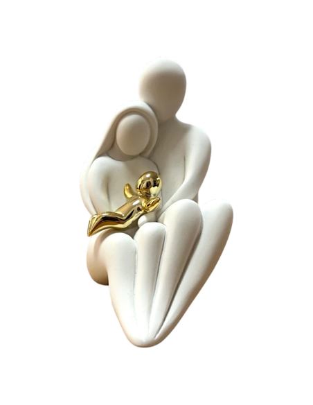 Figura Moderna Sagrada Familia en yeso blanco con Niño Jesús dorado de 12 cm