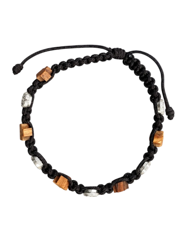 Handcrafted olive wood bracelet with wooden crosses and Saint Benedict medals on dark brown braided cord