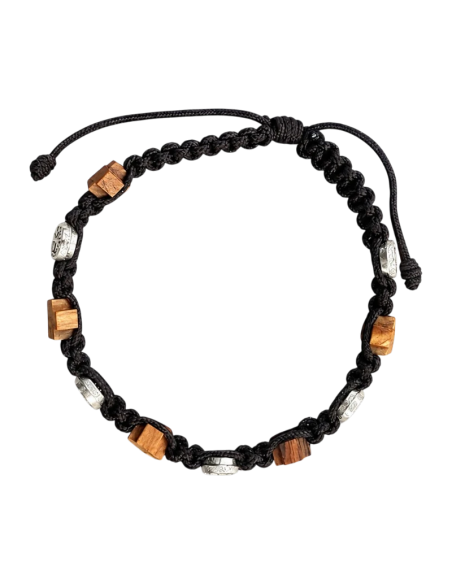 Handcrafted olive wood bracelet with wooden crosses and Saint Benedict medals on dark brown braided cord