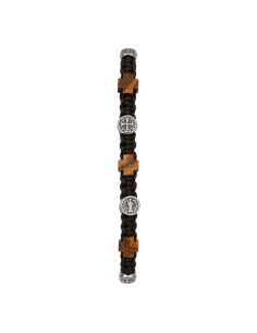 Pulsera artesanal de madera de olivo con cruces y medallas de San Benito en cordón marrón oscuro 2