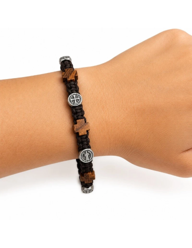 Olive Wood Bracelet with Crosses and Saint Benedict Medals | Karelia Arte Sacra