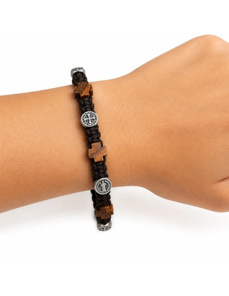 Olive Wood Bracelet with Crosses and Saint Benedict Medals | Karelia Arte Sacra