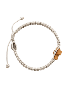 Pulsera macramé con cruz de madera de olivo e imagen religiosa ajustable artesanal