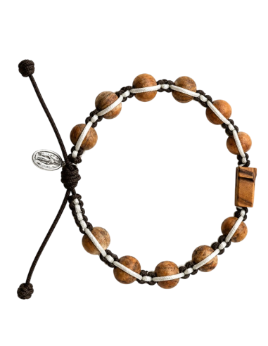 Pulsera macramé con Cruz Tau de madera de olivo y medalla de San Benito ajustable artesanal