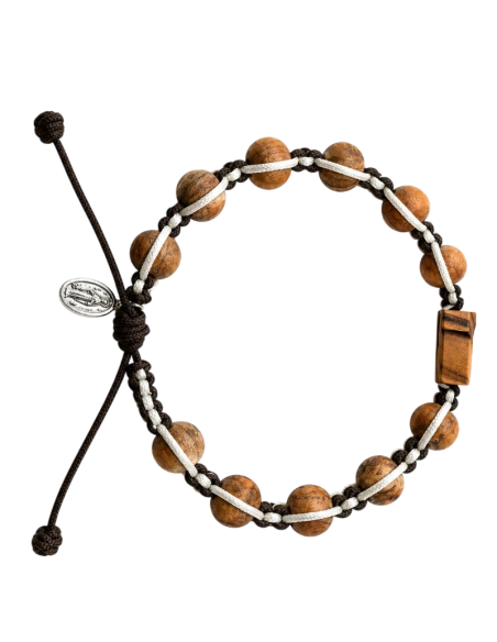 Handmade macramé bracelet with olive wood Tau Cross and Saint Benedict medal