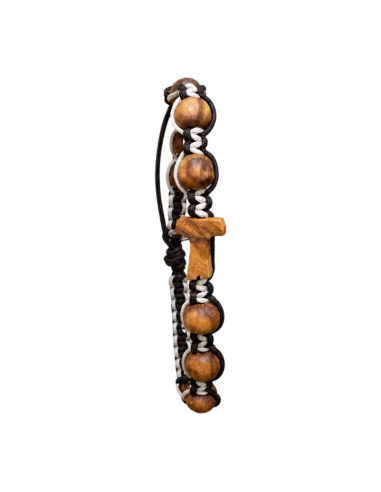 Macramé Bracelet with Olive Wood Tau Cross & Saint Benedict Medal | Karelia Arte Sacra