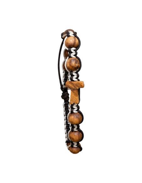 Pulsera Macramé Cruz Tau de Madera de Olivo con San Benito | Karelia Arte Sacra