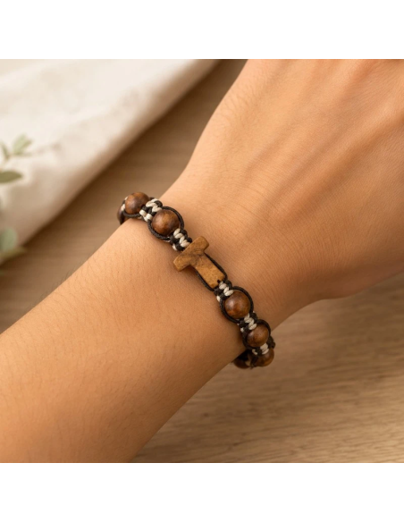 Macramé Bracelet with Olive Wood Tau Cross & Saint Benedict Medal | Karelia Arte Sacra