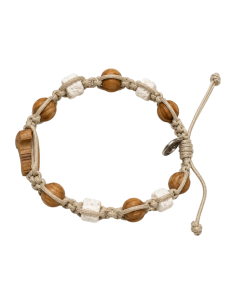 Pulsera Cruz Tau de madera de olivo con detalles blancos efecto piedra y medalla de San Benito ajustable