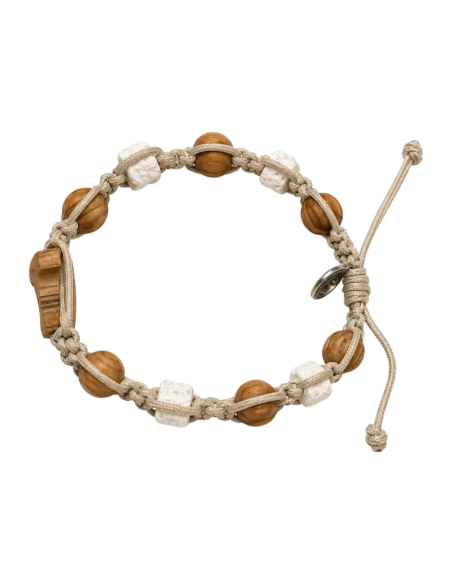 Handmade olive wood Tau Cross bracelet with white stone details and Saint Benedict medal