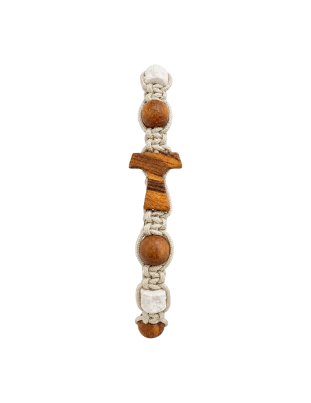 Olive Wood Tau Cross Bracelet with White Stone Details | Saint Benedict | Karelia Arte Sacra