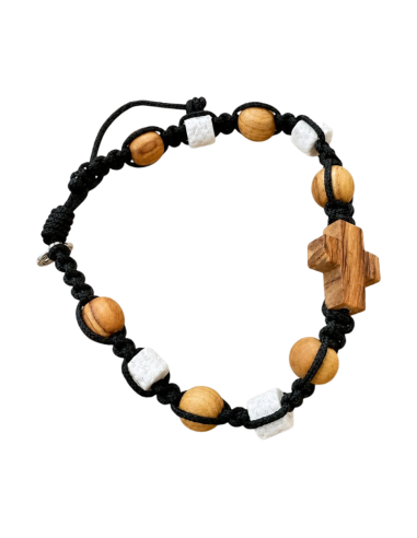 Handmade black macramé bracelet with olive wood cross, white stone details and Saint Benedict medal