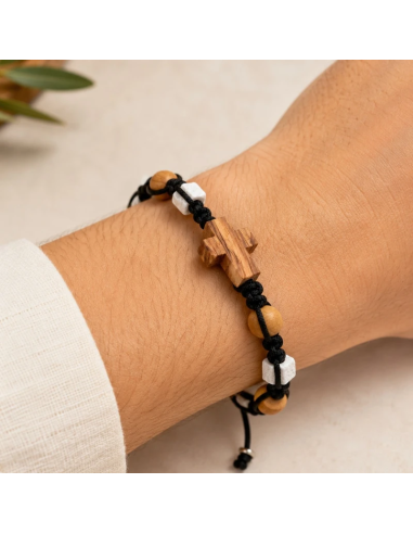 Olive Wood Cross Bracelet with White Stone Details | Karelia Arte Sacra