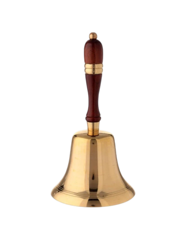 Traditional polished brass liturgical hand bell with wooden handle, 23 cm