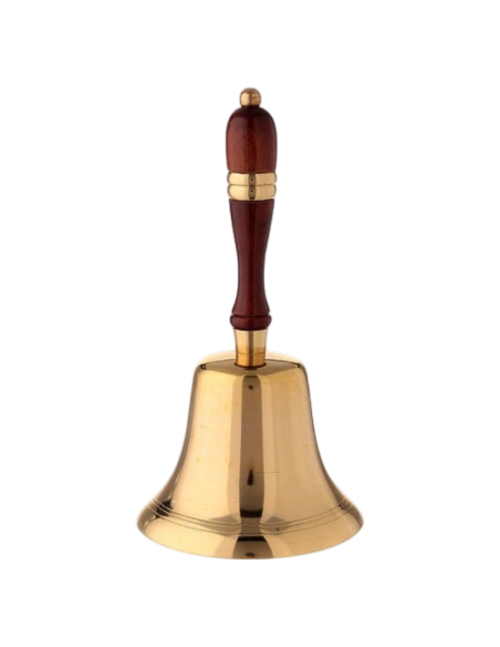 Traditional polished brass liturgical hand bell with wooden handle, 23 cm