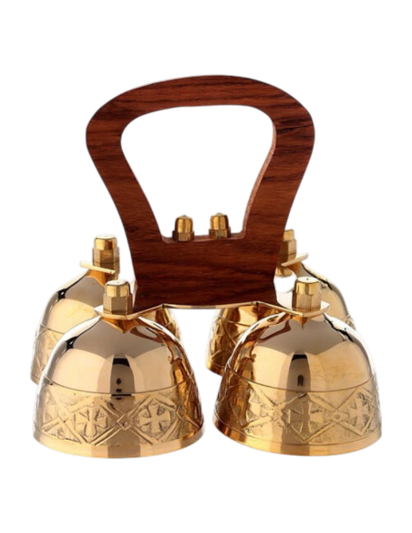 Four-bell polished brass liturgical hand bell with wooden handle and Greek cross decoration