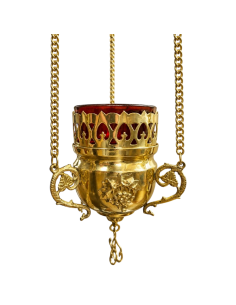 Lámpara eterna de latón dorado con vaso de vidrio rojo y cadenas de suspensión