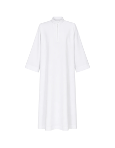 Plain white priest alb with front chest zipper.