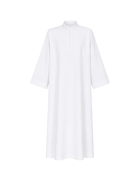 Plain white priest alb with front chest zipper.