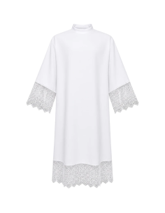 Alba sacerdotal blanca de poliéster con puntilla JHS de 20 cm.