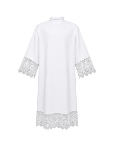 Alba sacerdotal blanca de poliéster con puntilla JHS de 20 cm.