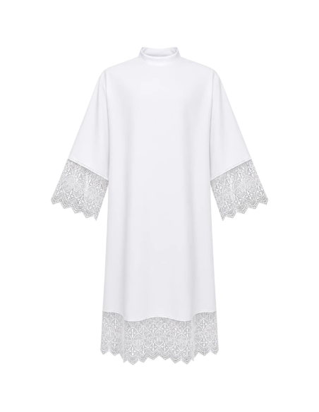 Alba sacerdotal blanca de poliéster con puntilla JHS de 20 cm.