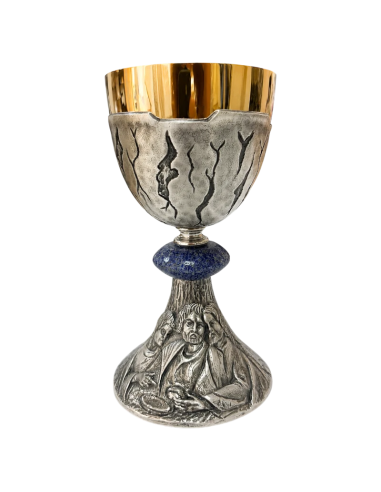 Fractio Panis handcrafted gold and silver plated chalice front view.