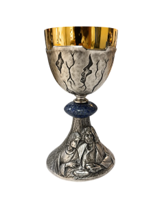 Fractio Panis handcrafted gold and silver plated chalice front view. 2