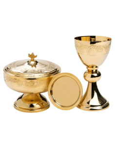 Vitis Vera liturgical set including gold-plated chalice, paten and covered ciborium