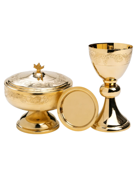 Vitis Vera liturgical set including gold-plated chalice, paten and covered ciborium
