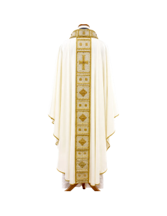 Casulla Gloria Dei de lana marfil con galón dorado y plateado elaborado a mano 2