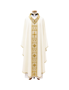 Casulla Gloria Dei de lana marfil con galón dorado y plateado elaborado a mano